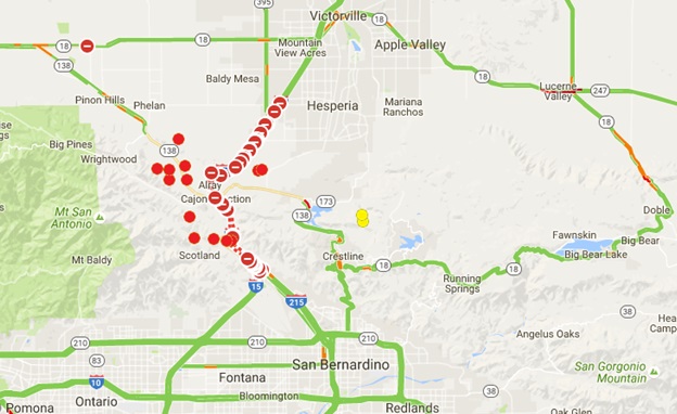 Fire Detection layer showing fire activity along Interstate 15 on August 17th, 2016. Fire Detection layer showing fire activity along Interstate 15 on August 17th, 2016.