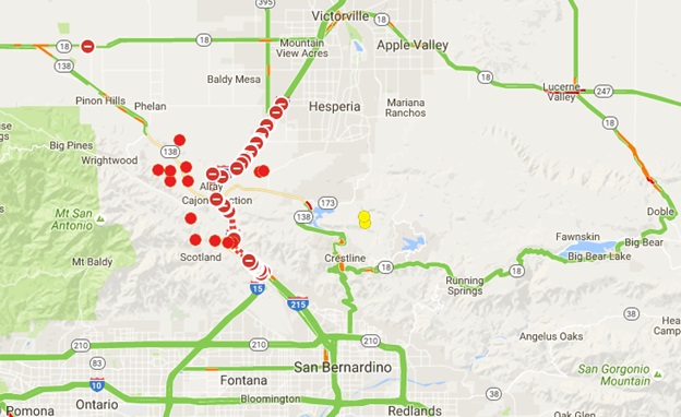 Fire Detection layer showing fire activity along Interstate 15 on August 17th, 2016.