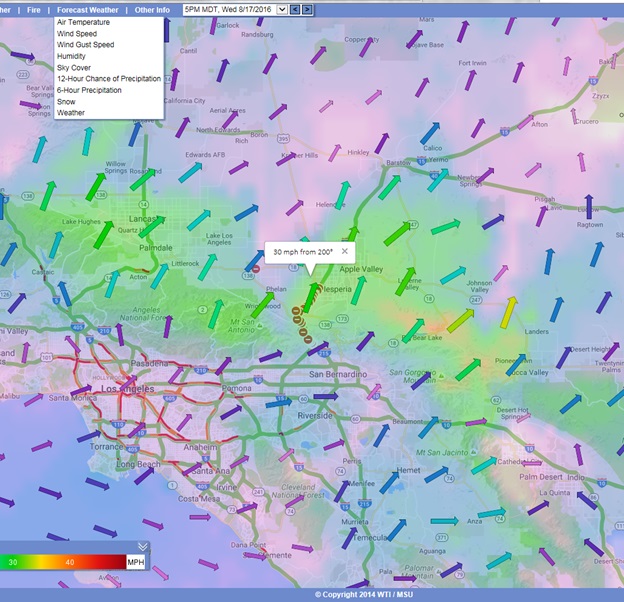 Wind Gust Forecast layer in the San Bernardino area on August 17th, 2016. Wind Gust Forecast layer in the San Bernardino area on August 17th, 2016.