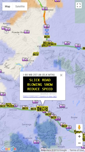 OSS Mobile screenshot, 2016-11-29, WYDOT CMS at I-80 WB 257.08 (ELK MTN).