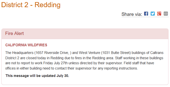 Fire Alert on Caltrans District 2 - Redding's website (Source: Caltrans District 2 Home Page – http://www.dot.ca.gov/d2/ Fire Alert on Caltrans District 2 - Redding's website (Source: Caltrans District 2 Home Page – http://www.dot.ca.gov/d2/