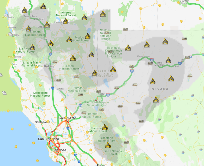 OSS Screenshot, 2018-07-27: Smoke and Haze Forecast across Northern California, Nevada and Southern Oregon – 3PM PDT, 7/27/2018. OSS Screenshot, 2018-07-27: Smoke and Haze Forecast across Northern California, Nevada and Southern Oregon – 3PM PDT, 7/27/2018.