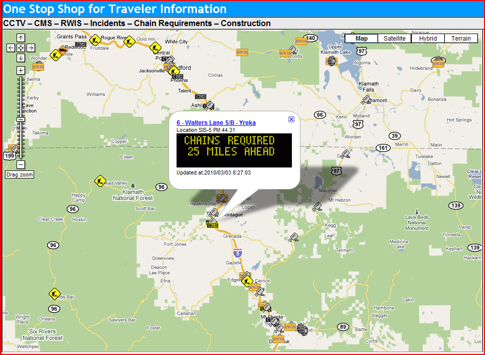 OSS Screenshot (3/3/2010): Clicking on a CMS icon brings up the information for that sign. This one shows 'Chains Required 25 Miles Ahead'. OSS Screenshot (3/3/2010): Clicking on a CMS icon brings up the information for that sign. This one shows 'Chains Required 25 Miles Ahead'.
