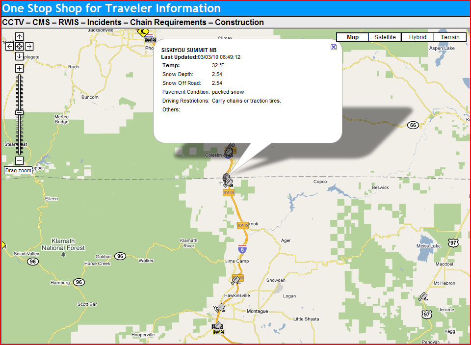 OSS Screenshot (3/3/2010): Clicking a 'Chain Control' icon brings up road information and any advisories for roadway conditions in that area. OSS Screenshot (3/3/2010): Clicking a 'Chain Control' icon brings up road information and any advisories for roadway conditions in that area.