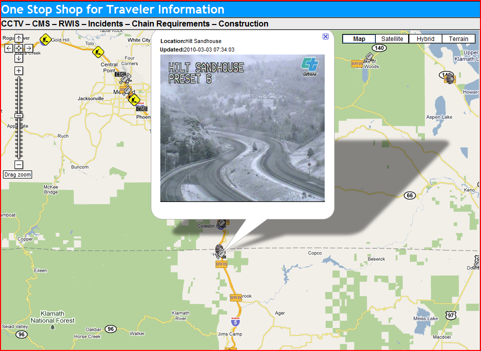 OSS Screenshot (3/3/2010): Clicking the CCTV camera icon brings up a regularly updated image from the area. This one shows snow on the California side of Siskiyou Pass. OSS Screenshot (3/3/2010): Clicking the CCTV camera icon brings up a regularly updated image from the area. This one shows snow on the California side of Siskiyou Pass.