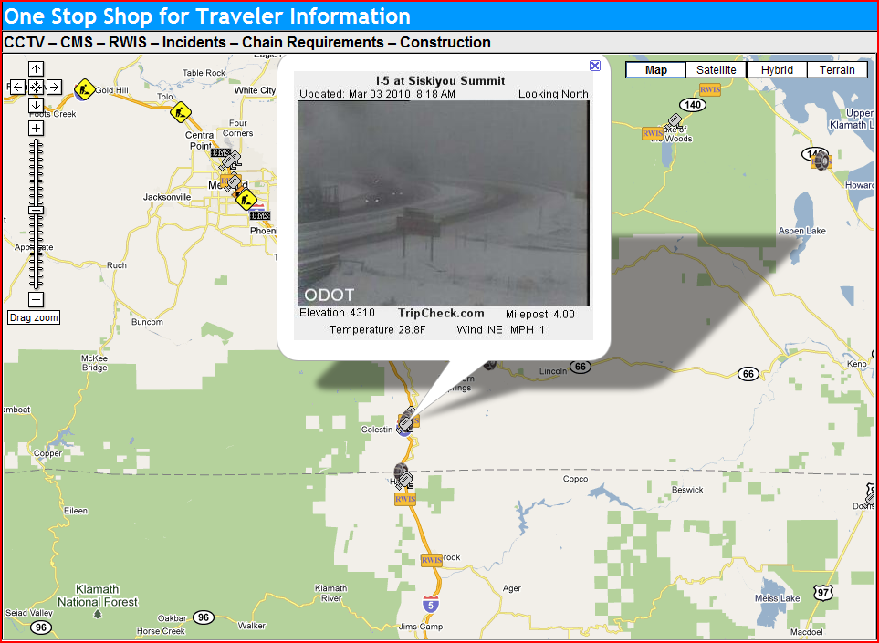 OSS Screenshot (3/3/2010): CCTV image from the Oregon side of Siskiyou Pass shows adverse conditions. OSS Screenshot (3/3/2010): CCTV image from the Oregon side of Siskiyou Pass shows adverse conditions.