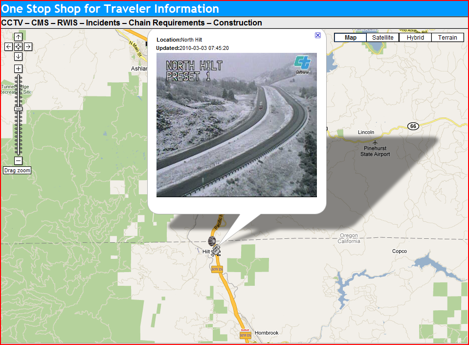 OSS Screenshot (3/3/2010): CCTV image of Siskiyou pass north of Hilt, CA shows snow and wet roads.