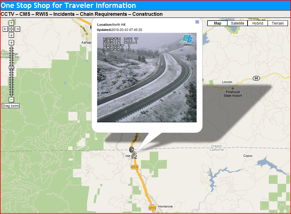 OSS Screenshot (3/3/2010): CCTV image of Siskiyou pass north of Hilt, CA shows snow and wet roads. OSS Screenshot (3/3/2010): CCTV image of Siskiyou pass north of Hilt, CA shows snow and wet roads.