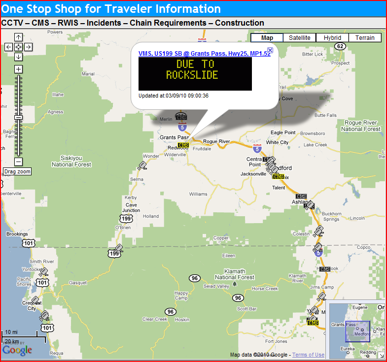 OSS Screenshot (3/9/2010): Some CMS messages have multiple parts. The closure message has a second part saying 'Due to a Rockslide'. OSS Screenshot (3/9/2010): Some CMS messages have multiple parts. The closure message has a second part saying 'Due to a Rockslide'.