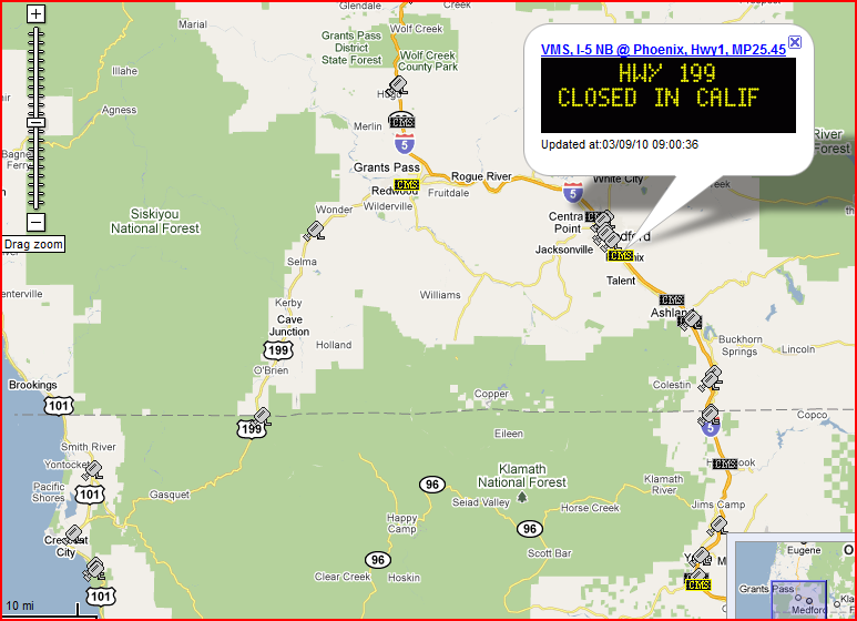 OSS Screenshot (3/9/2010): Another CMS along I-5, well before the HWY 199 closure, warning of the closure on HWY 199. OSS Screenshot (3/9/2010): Another CMS along I-5, well before the HWY 199 closure, warning of the closure on HWY 199.