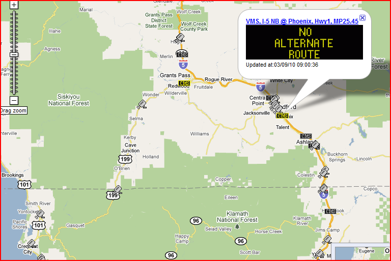 OSS Screenshot (3/9/2010): The CMS on I-5 is also showing a multipart message. The second part shows that there is no alternate route. OSS Screenshot (3/9/2010): The CMS on I-5 is also showing a multipart message. The second part shows that there is no alternate route.
