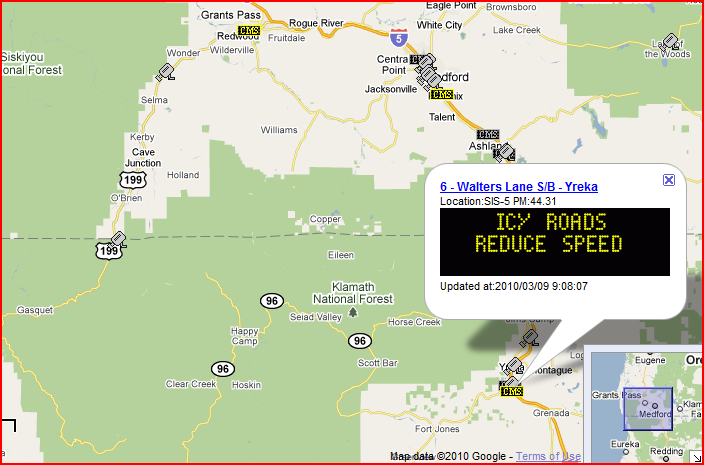 OSS Screenshot (3/9/2010): A CMS near Yreka, CA warns of icy roads and advises drivers to reduce their speed. OSS Screenshot (3/9/2010): A CMS near Yreka, CA warns of icy roads and advises drivers to reduce their speed.