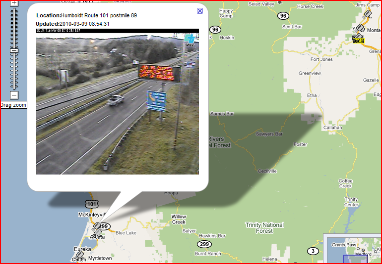 OSS Screenshot (3/9/2010): A CCTV camera showing a nearby CMS with a HWY 96 closure message.