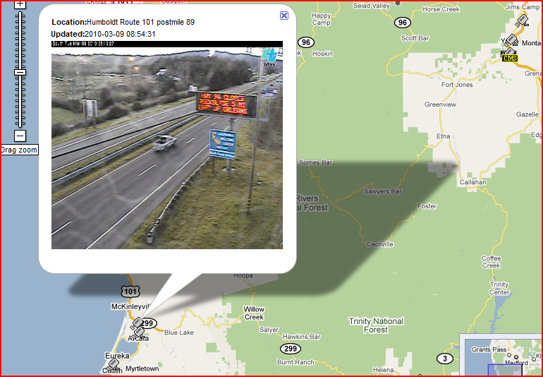 OSS Screenshot (3/9/2010): A CCTV camera showing a nearby CMS with a HWY 96 closure message. OSS Screenshot (3/9/2010): A CCTV camera showing a nearby CMS with a HWY 96 closure message.