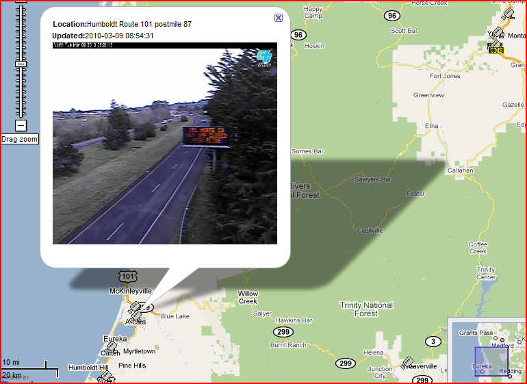 OSS Screenshot (3/9/2010): Another CCTV camera showing a nearby CMS with a HWY 199 closure message. OSS Screenshot (3/9/2010): Another CCTV camera showing a nearby CMS with a HWY 199 closure message.