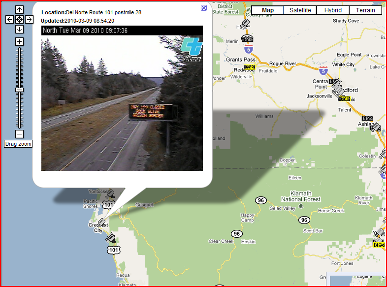 OSS Screenshot (3/9/2010): CCTV camera showing a nearby CMS with a HWY 199 closure message.