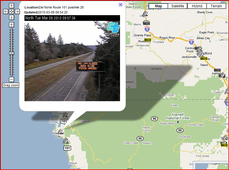 OSS Screenshot (3/9/2010): CCTV camera showing a nearby CMS with a HWY 199 closure message. OSS Screenshot (3/9/2010): CCTV camera showing a nearby CMS with a HWY 199 closure message.
