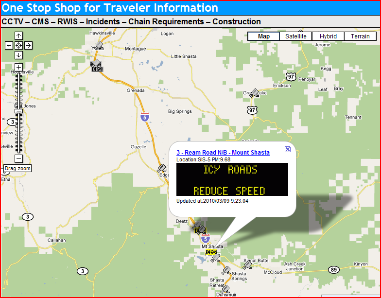 OSS Screenshot (3/9/2010): This CMS near Mt. Shasta shows that there are icy roads and advises travelers to reduce their speeds.