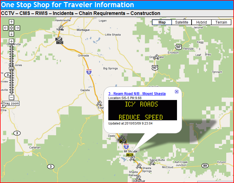 OSS Screenshot (3/9/2010): This CMS near Mt. Shasta shows that there are icy roads and advises travelers to reduce their speeds. OSS Screenshot (3/9/2010): This CMS near Mt. Shasta shows that there are icy roads and advises travelers to reduce their speeds.