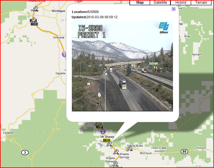 OSS Screenshot (3/9/2010): Another CCTV camera at the I5-SR89 interchange shows snow on the lower parts of the mountain. OSS Screenshot (3/9/2010): Another CCTV camera at the I5-SR89 interchange shows snow on the lower parts of the mountain.
