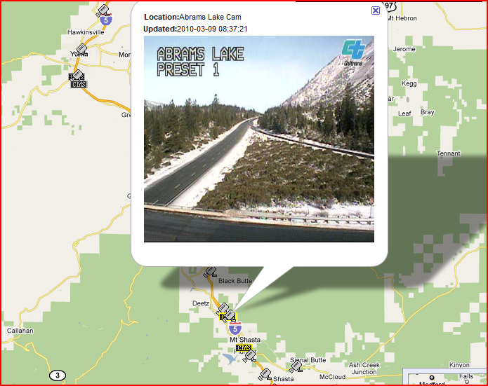 OSS Screenshot (3/9/2010): The Abrams Lake CCTV camera shows icy road conditions.