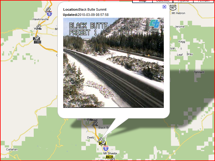 OSS Screenshot (3/9/2010): The Black Butte Summit CCTV camera also shows icy road conditions.