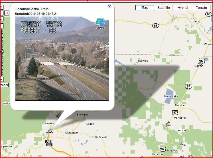 OSS Screenshot (3/9/2010): The CCTV camera near Yreka, CA shows good weather and good roads.