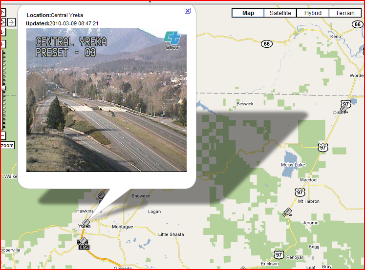 OSS Screenshot (3/9/2010): The CCTV camera near Yreka, CA shows good weather and good roads. OSS Screenshot (3/9/2010): The CCTV camera near Yreka, CA shows good weather and good roads.