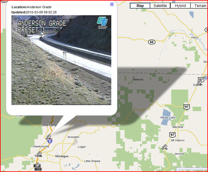 OSS Screenshot (3/9/2010): As you go up Siskiyou Pass the roads still look pretty good.