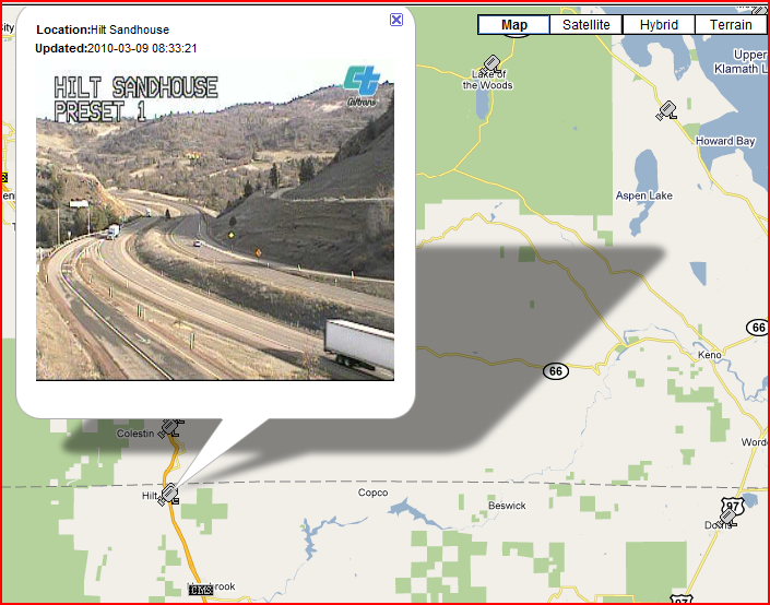 OSS Screenshot (3/9/2010): The California side of Siskiyou Pass looks clear near Hilt.