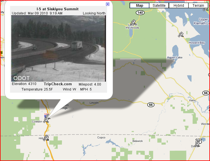 OSS Screenshot (3/9/2010): The CCTV camera on the Oregon side of Siskiyou Pass shows winter conditions. OSS Screenshot (3/9/2010): The CCTV camera on the Oregon side of Siskiyou Pass shows winter conditions.