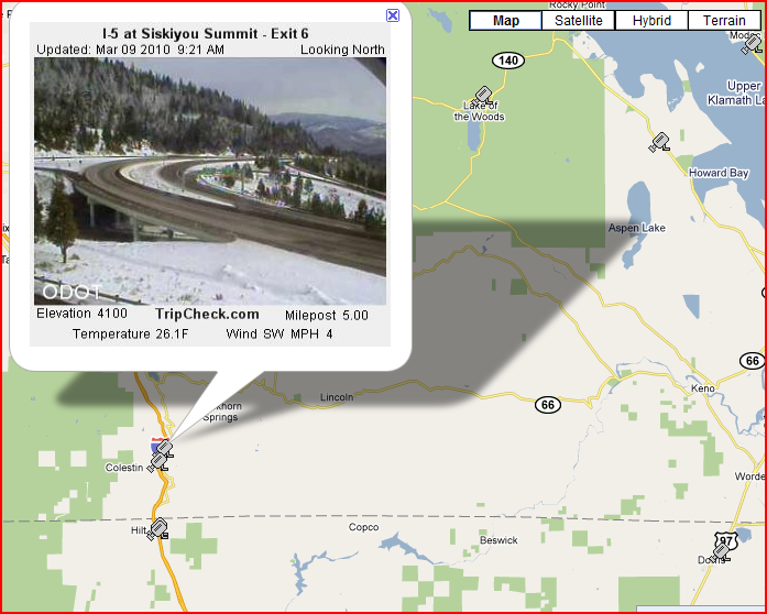 OSS Screenshot (3/9/2010): A corner along I-5 on the Oregon side of Siskiyou Pass near Colestin shows winter driving conditions. OSS Screenshot (3/9/2010): A corner along I-5 on the Oregon side of Siskiyou Pass near Colestin shows winter driving conditions.