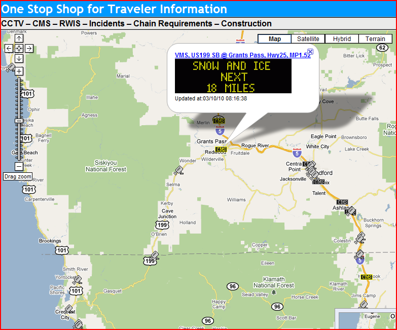 OSS Screenshot (3/10/10): A CMS near Grants Pass, OR warning of snow and ice on the roads for the next 18 miles.
