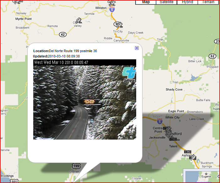 OSS Screenshot (3/10/10): A CCTV camera along HWY 199 shows winter road conditions near postmile 36.