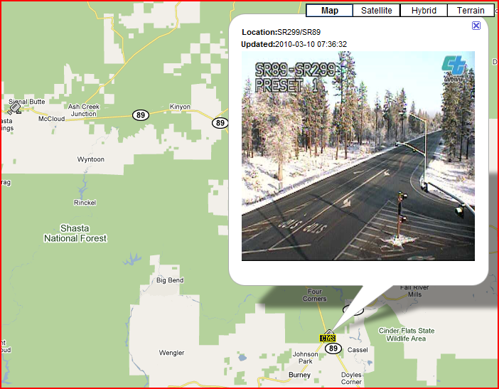 OSS Screenshot (3/10/10): A CCTV camera at the intersection of SR 89 and SR 299 shows winter road conditions.
