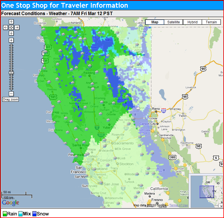 OSS Screenshot (3/12/2010): A NWS Forecast for California - this forecast shows large amounts of weather activity in the Northern California region at 7 AM (PST).