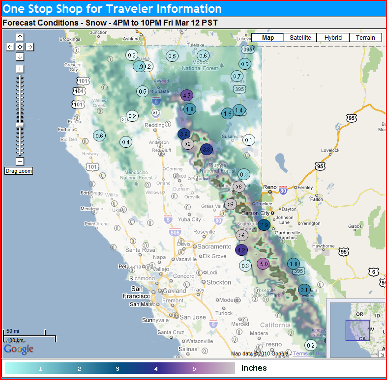 OSS Screenshot (3/12/2010): The Snow Forecast allows for users to see how much snow is predicted for a given region. This shows forecasted snow amounts for a 6 hour period in California.