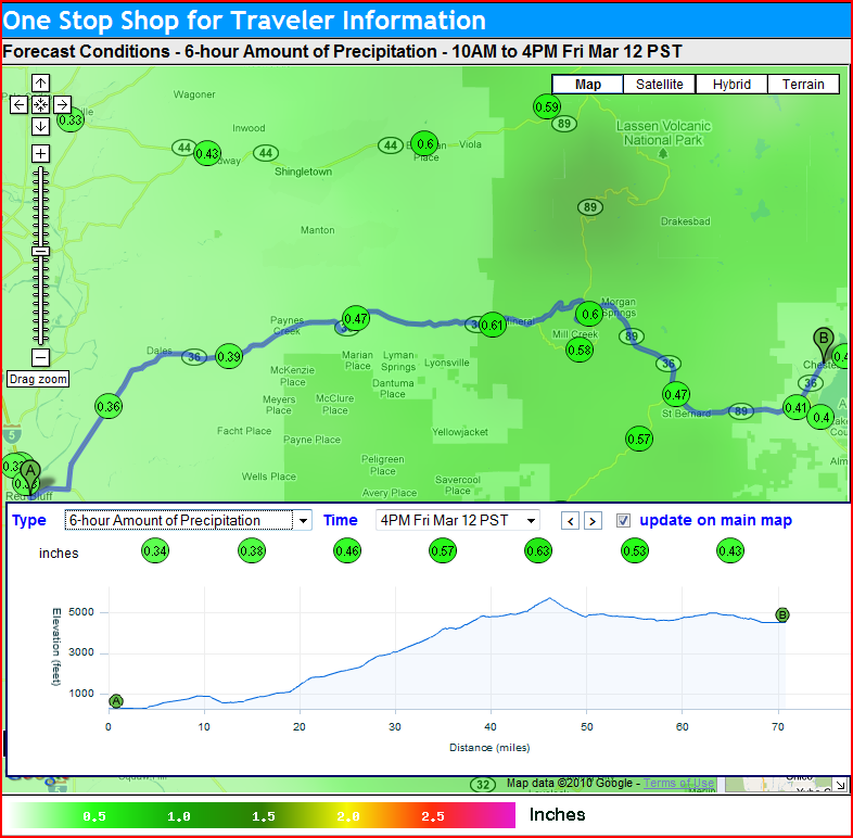 OSS Screenshot (3/12/2010): The Precipitation layer shows the cumulative amount of rain for a region during a user specified range. The readings for this image are over a 6 hour period.