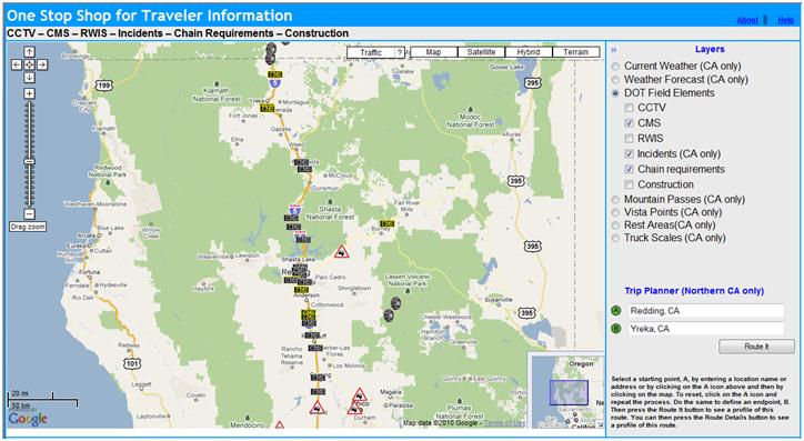 OSS Screenshot (1/7/2011): CMS and Incident Report icons are shown along SR-299 and I-5 in California.