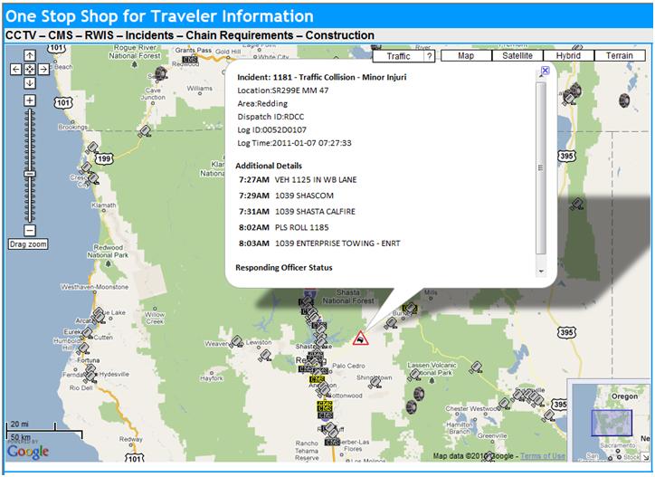 OSS Screenshot (1/7/2011): An Incident Report showing a traffic collision with minor injuries along SR-299.