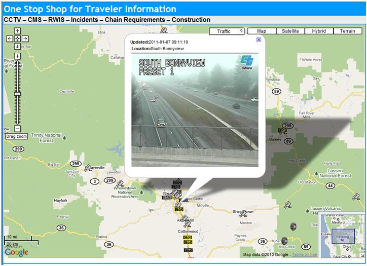 OSS Screenshot (1/7/2011): CCTV camera directly south of Redding shows heavy fog in the area.