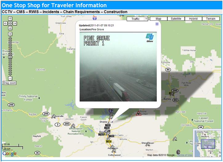 OSS Screenshot (1/7/2011):  A CCTV camera north of Redding shows a thick fog along I-5.