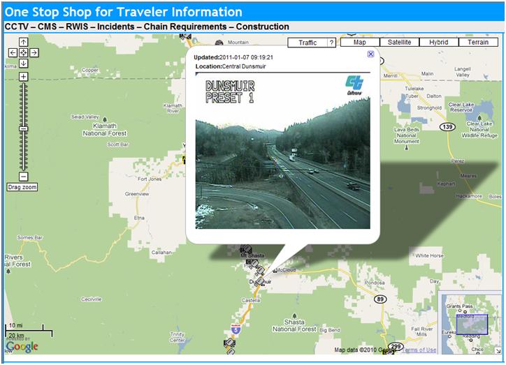 OSS Screenshot (1/7/2011):  A CCTV camera near the I-5 exit to Dunsmuir shows good weather and clear roads.