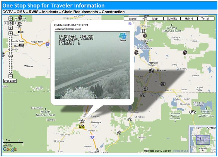 OSS Screenshot (1/7/2011): A CCTV camera in Yreka shows dense fog and poor visibility.
