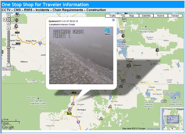 OSS Screenshot (1/7/2011): As we reach Siskiyou Pass a CCTV camera shows more dense fog and poor driving conditions.