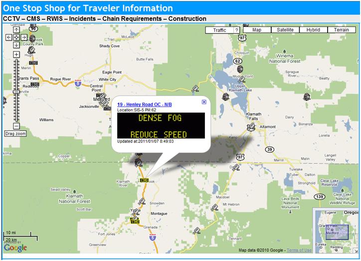 OSS Screenshot (1/7/2011): A CMS warning of dense fog along I-5 in Siskiyou Pass and recommending drivers reduce their speeds.