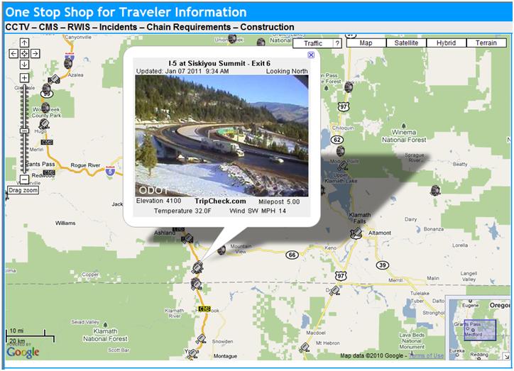 OSS Screenshot (1/7/2011): A CCTV camera along I-5 at Siskiyou Summit shows good driving conditions.