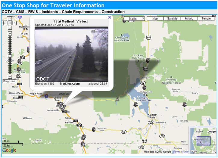 OSS Screenshot (1/7/2011): A CCTV camera shows a light fog as drivers enter Medford, OR.