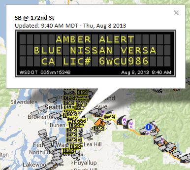Here’s the Amber Alert message on a sign near Seattle. Here’s the Amber Alert message on a sign near Seattle.