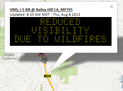 One of several CMS messages alerting drivers to reduced visibility due to wildfires.
